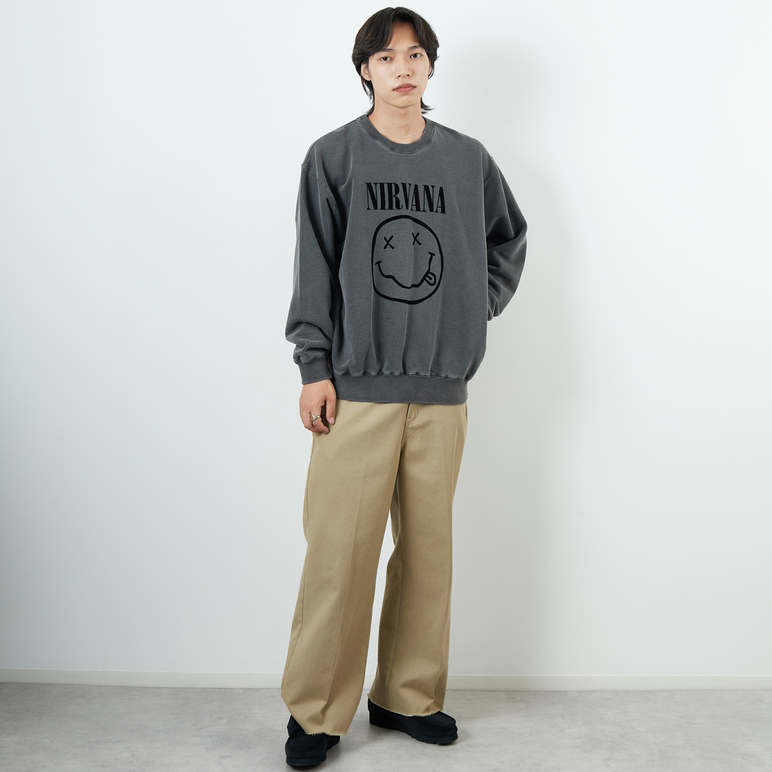 GOOD ROCK SPEED [グッドロックスピード] 別注 NIRVANA フロッキープリントスウェット [INTN-052-JF] CHARCOAL &&モデル身長：179cm 着用サイズ：XL&&