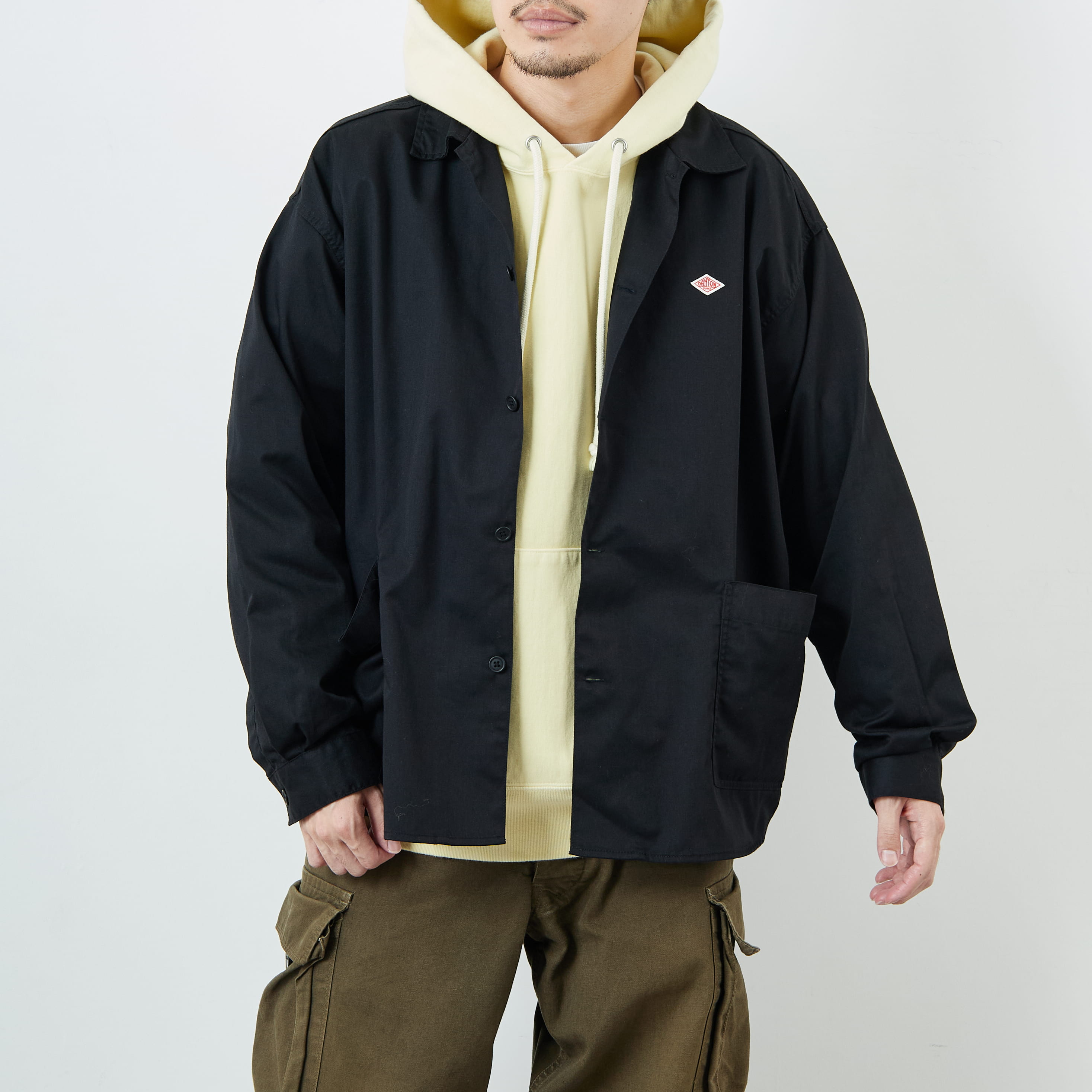 DANTON [ダントン] ワンポイントロゴ シャツジャケット [DT-B0396TCC] BLACK &&モデル身長：168cm 着用サイズ：40&&