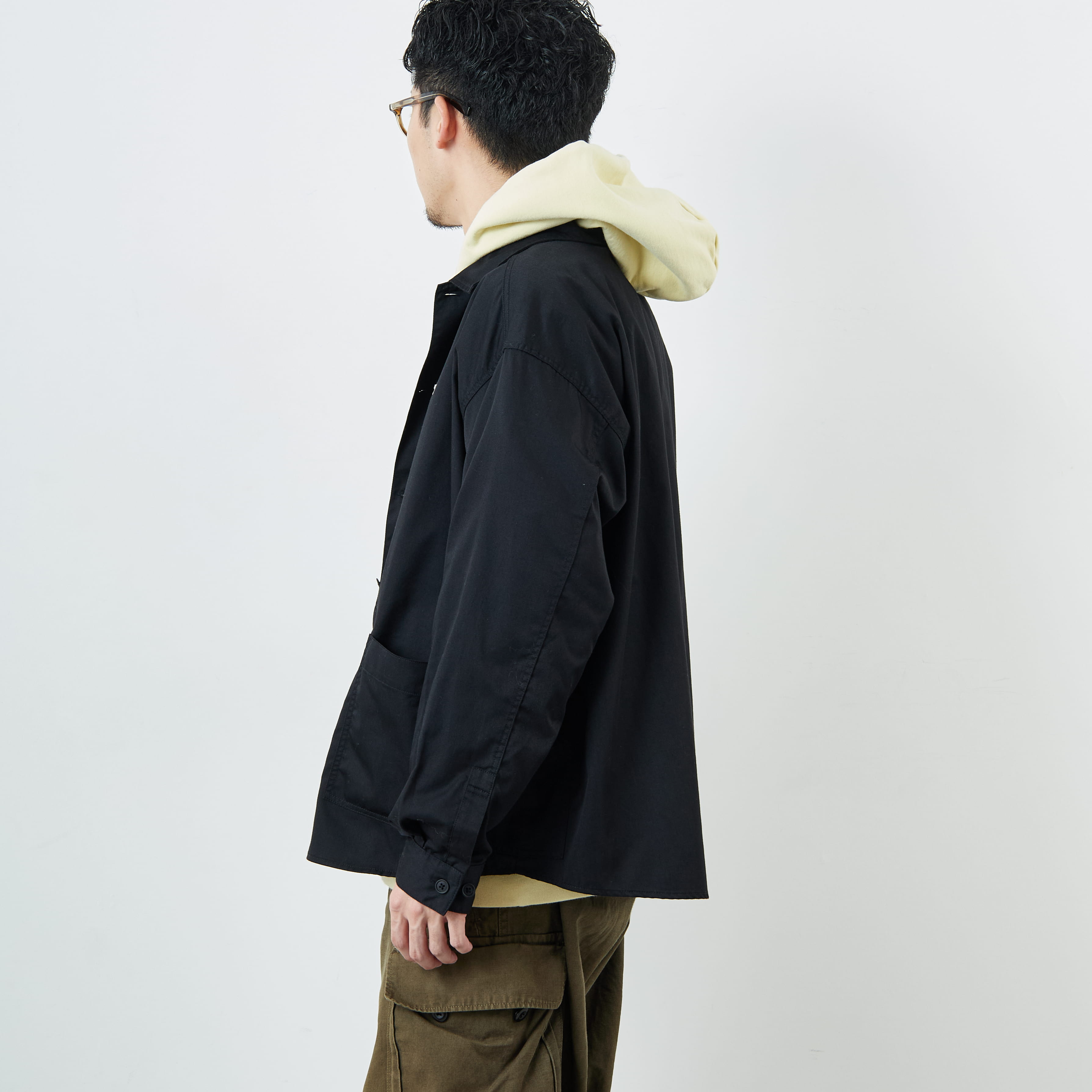 DANTON [ダントン] ワンポイントロゴ シャツジャケット [DT-B0396TCC] BLACK &&モデル身長：168cm 着用サイズ：40&&