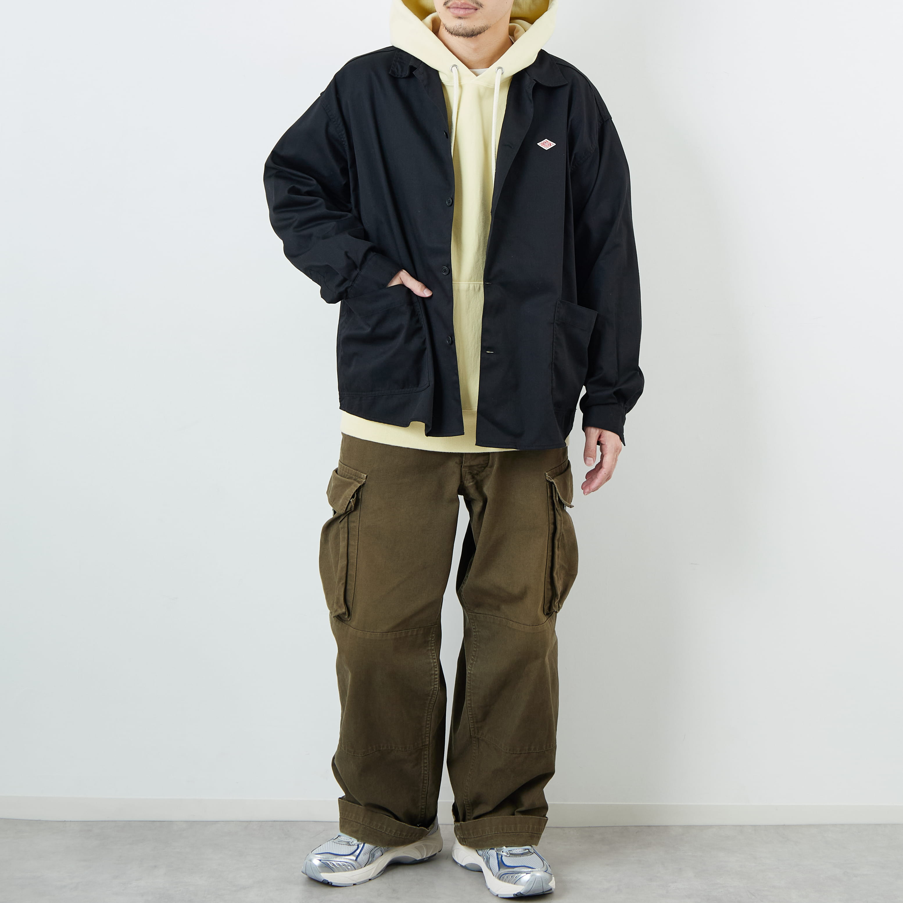 DANTON [ダントン] ワンポイントロゴ シャツジャケット [DT-B0396TCC] BLACK &&モデル身長：168cm 着用サイズ：40&&