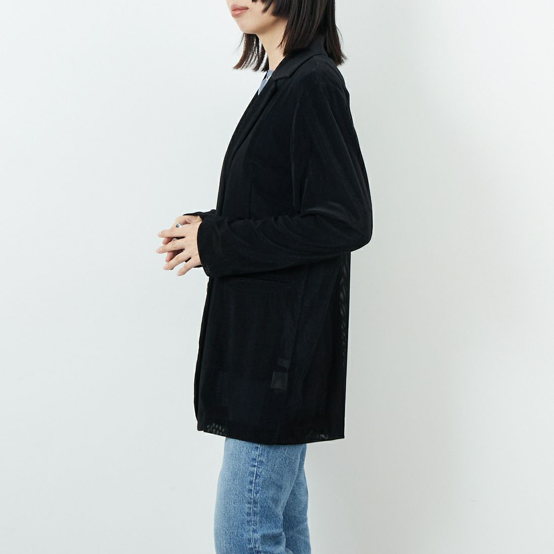 CLOCHE [クロシェ] メッシュベロアダブルジャケット [55284517] ﾌﾞﾗｯｸ &&モデル身長：162cm 着用サイズ：2&&