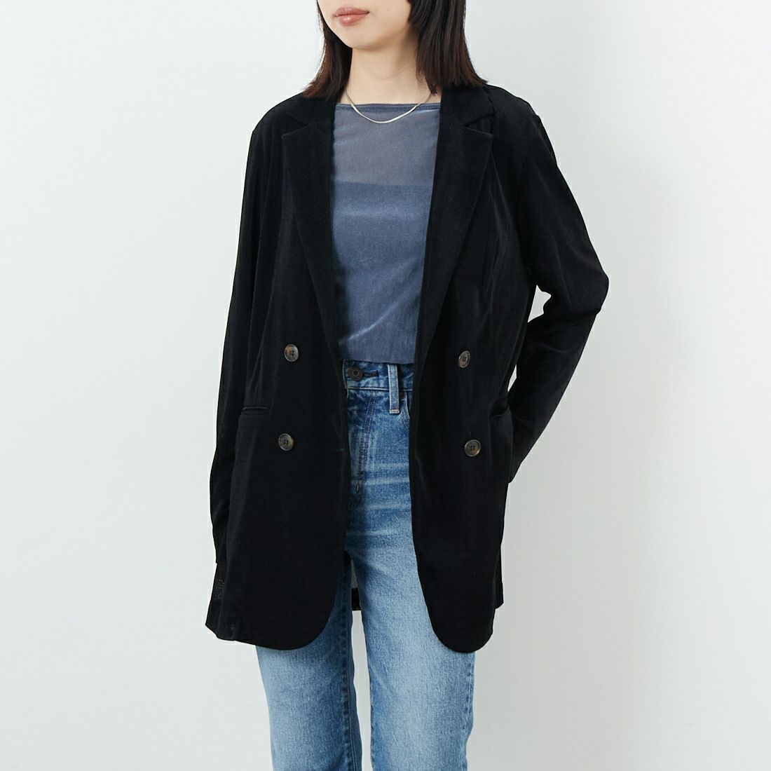 CLOCHE [クロシェ] メッシュベロアダブルジャケット [55284517] ﾌﾞﾗｯｸ &&モデル身長：162cm 着用サイズ：2&&