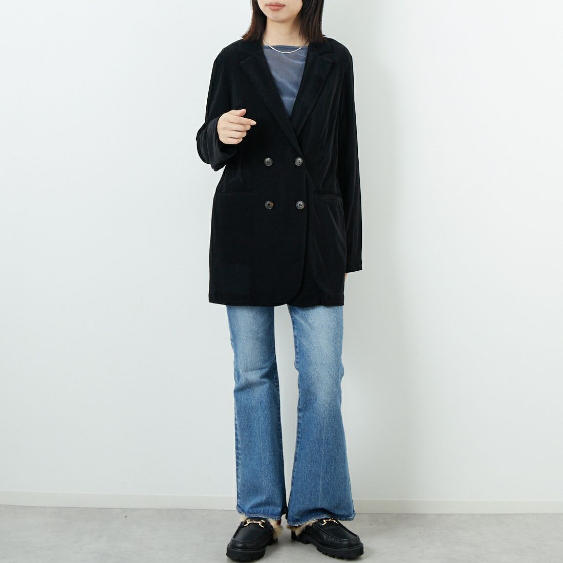 CLOCHE [クロシェ] メッシュベロアダブルジャケット [55284517] ﾌﾞﾗｯｸ &&モデル身長：162cm 着用サイズ：2&&