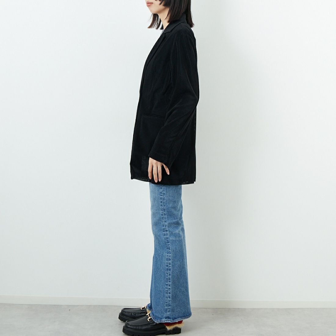 CLOCHE [クロシェ] メッシュベロアダブルジャケット [55284517] ﾌﾞﾗｯｸ &&モデル身長：162cm 着用サイズ：2&&