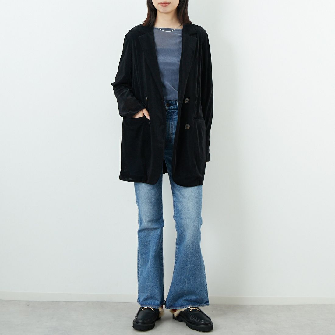 CLOCHE [クロシェ] メッシュベロアダブルジャケット [55284517] ﾌﾞﾗｯｸ &&モデル身長：162cm 着用サイズ：2&&