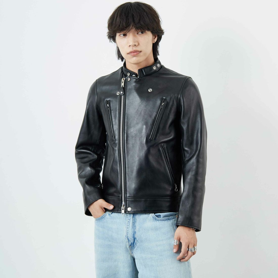 Schott [ショット] ダブルブレスト ライダースジャケット [7825950010] 010 BLACK &&モデル身長：179cm 着用サイズ：M&&
