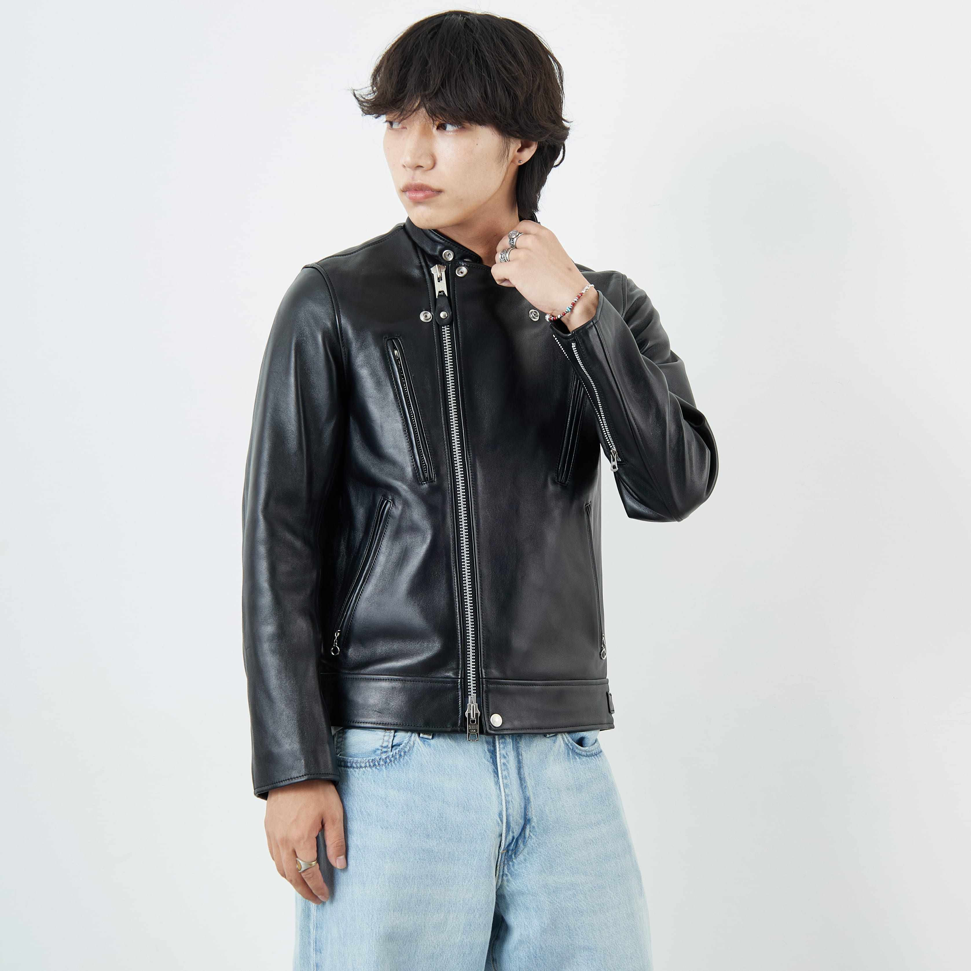 Schott [ショット] ダブルブレスト ライダースジャケット [7825950010] 010 BLACK &&モデル身長：179cm 着用サイズ：M&&
