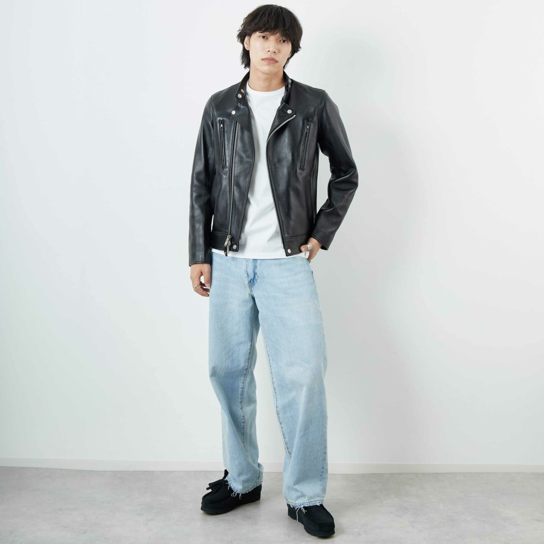 Schott [ショット] ダブルブレスト ライダースジャケット [7825950010] 010 BLACK &&モデル身長：179cm 着用サイズ：M&&