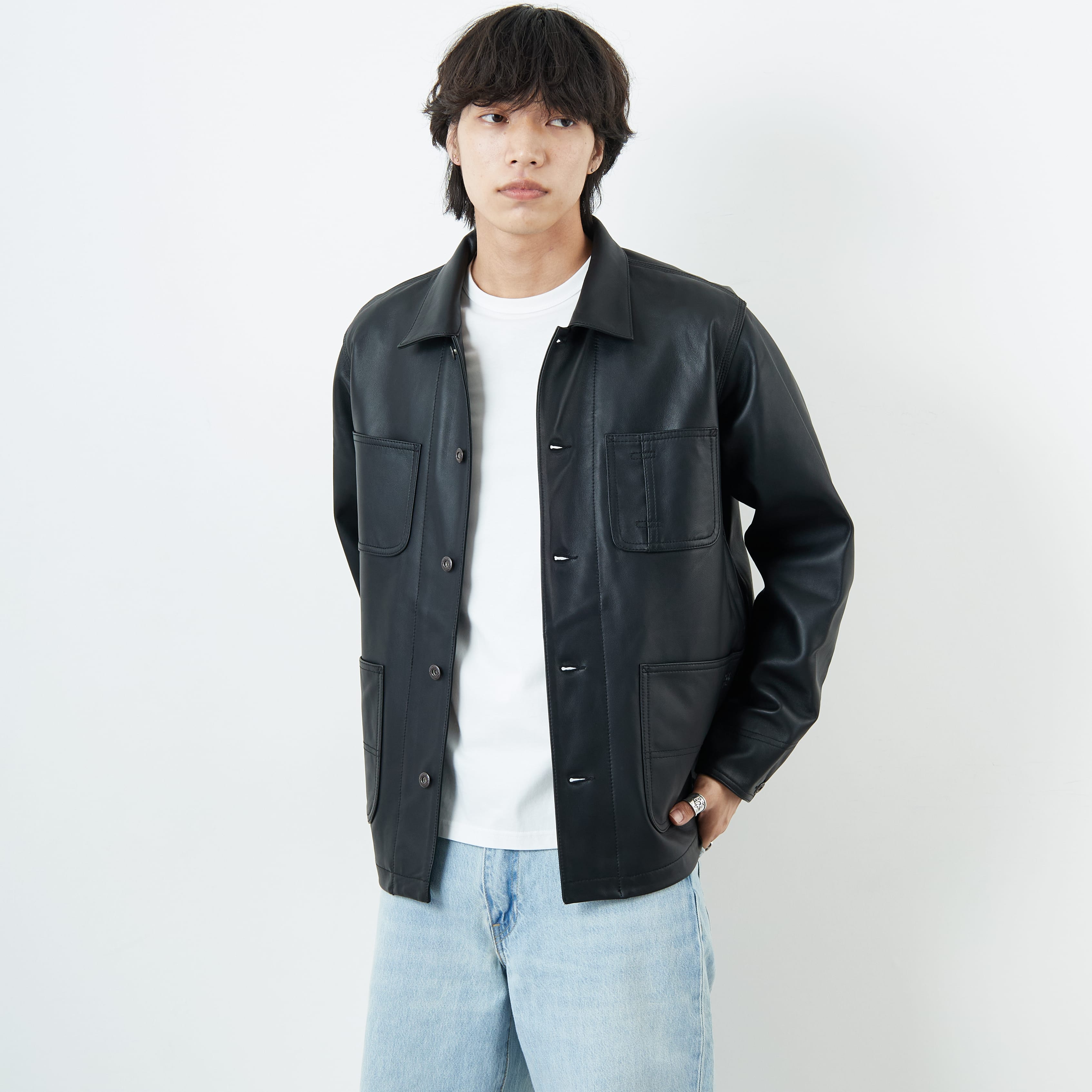 Schott [ショット] ラムレザー カバーオールジャケット [7825950012] 010 BLACK &&モデル身長：179cm 着用サイズ：M&&