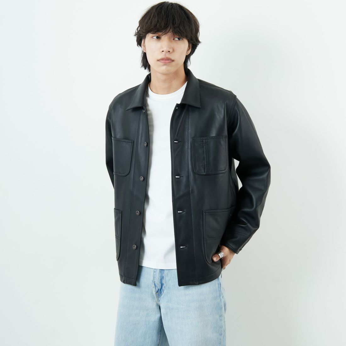 Schott [ショット] ラムレザー カバーオールジャケット [7825950012] 010 BLACK &&モデル身長：179cm 着用サイズ：M&&