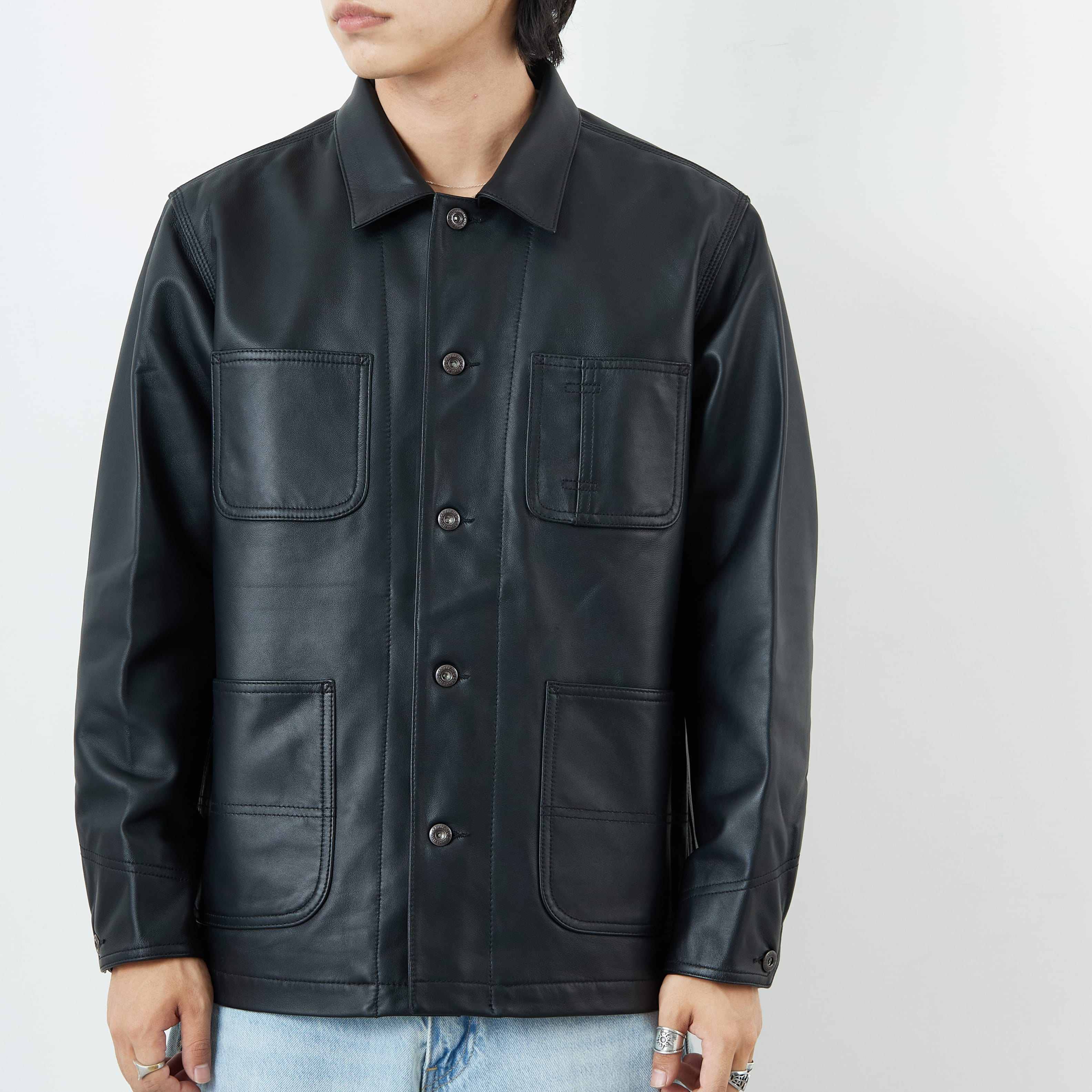 Schott [ショット] ラムレザー カバーオールジャケット [7825950012] 010 BLACK &&モデル身長：179cm 着用サイズ：M&&