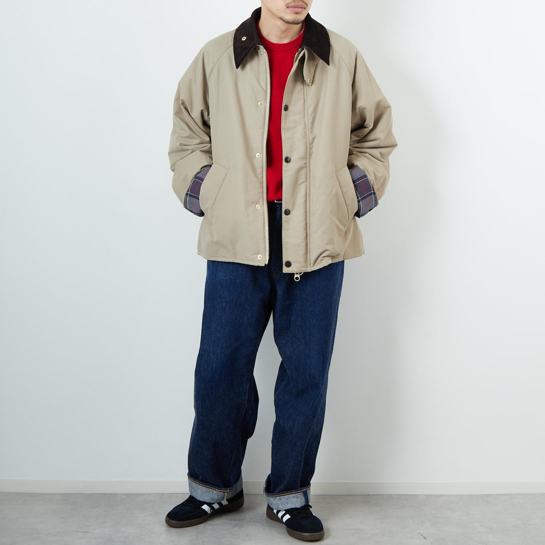 Barbour [バブアー] 別注 中綿入り TRANSPORT トランスポートジャケット [MCAS205-JF] GREIGE &&モデル身長：168cm 着用サイズ：40&&