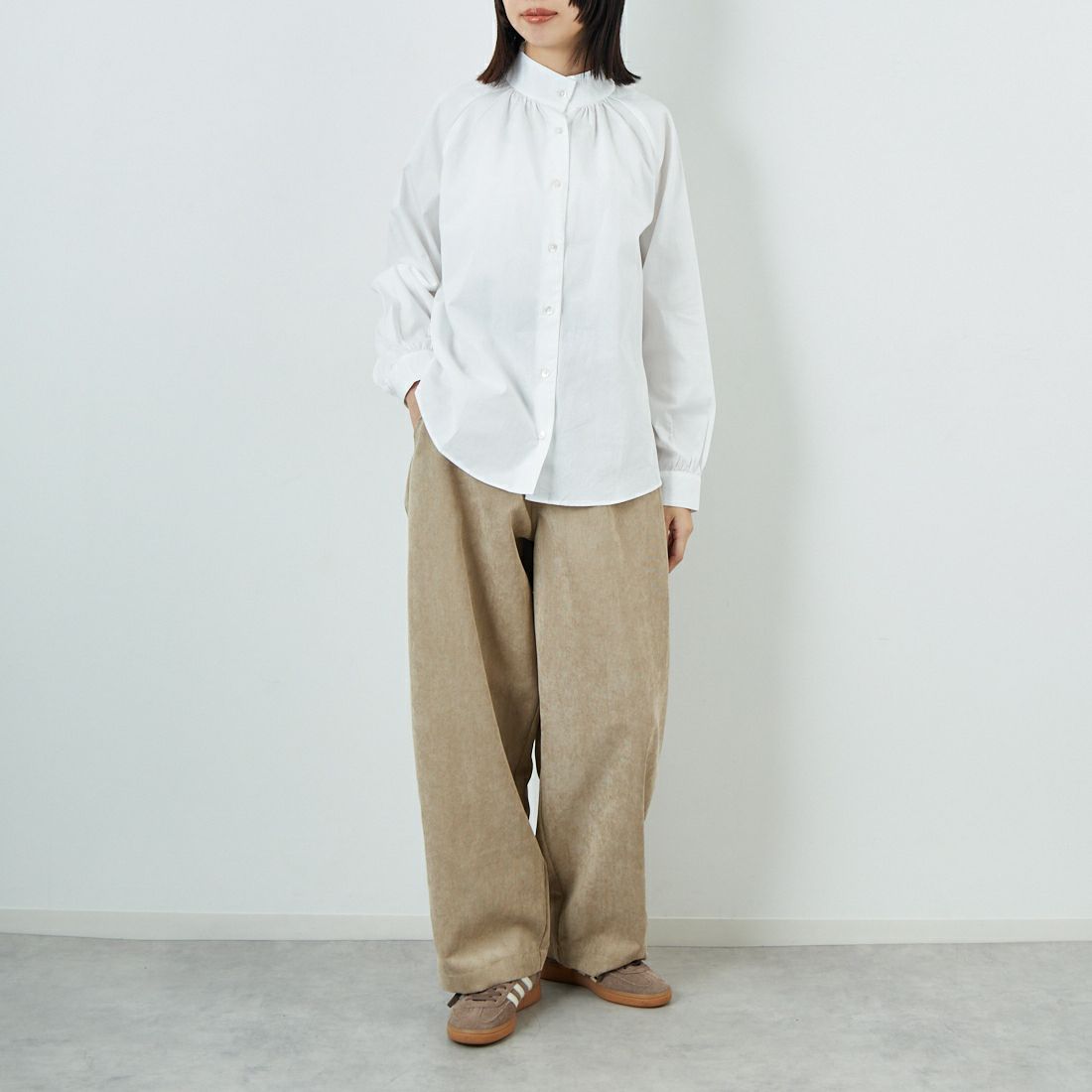 Commencement [コメンスメント] スタンドシャツ [C-314] WHITE &&モデル身長：162cm 着用サイズ：F&&