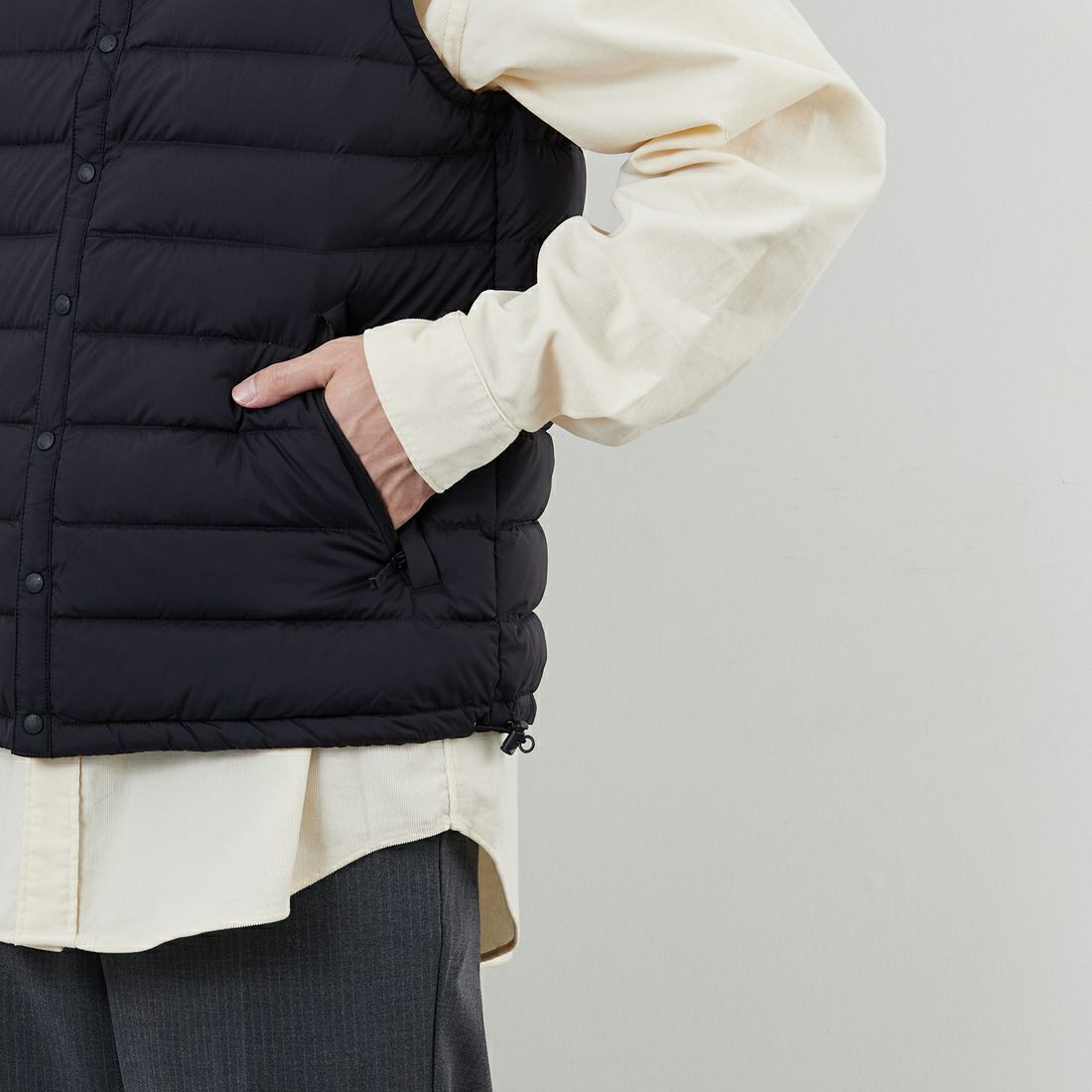 DANTON [ダントン] インナーダウン クルーネックベスト [DT-A0026RRT] BLACK &&モデル身長：168cm 着用サイズ：M&&