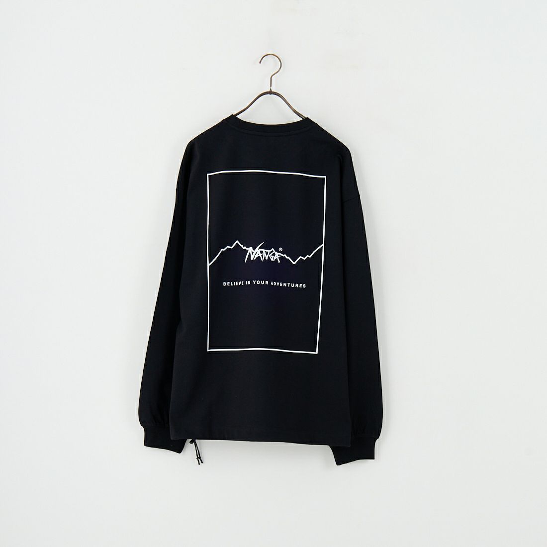 JEANSFACTORY × NANGA [ジーンズファクトリー × ナンガ] 別注 ブランドロゴ バックプリント ドローコード ロングスリーブTシャツ [NW2502-JF] BLACK