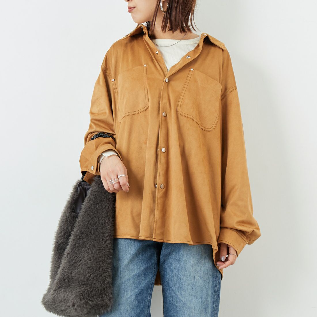 THE SHINZONE [ザ シンゾーン] スエードシャツ [25AMSBL03] 48 BROWN &&モデル身長：159cm 着用サイズ：F0&&