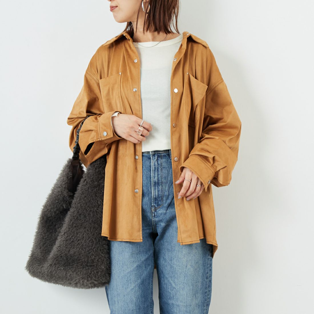 THE SHINZONE [ザ シンゾーン] スエードシャツ [25AMSBL03] 48 BROWN &&モデル身長：159cm 着用サイズ：F0&&