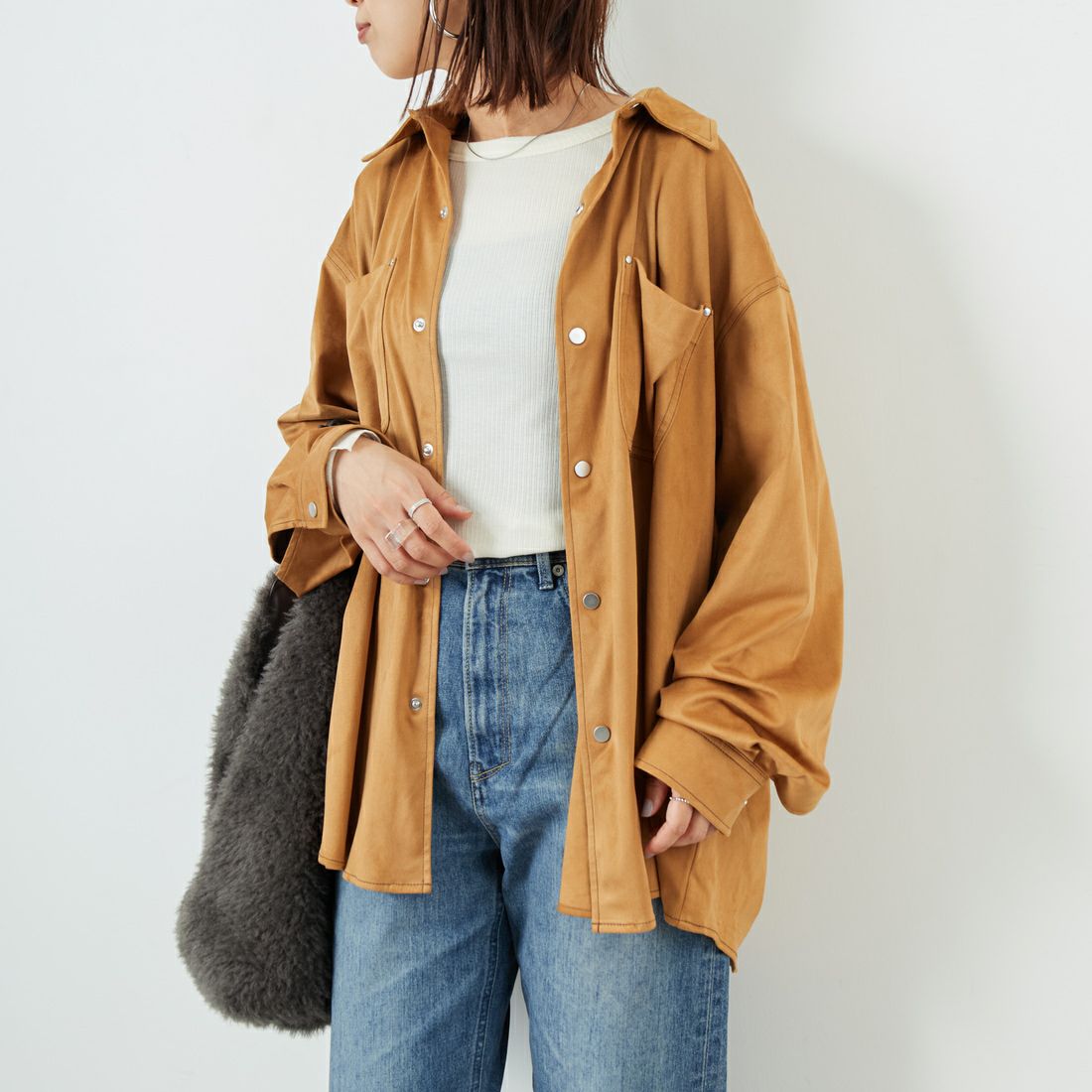 THE SHINZONE [ザ シンゾーン] スエードシャツ [25AMSBL03] 48 BROWN &&モデル身長：159cm 着用サイズ：F0&&