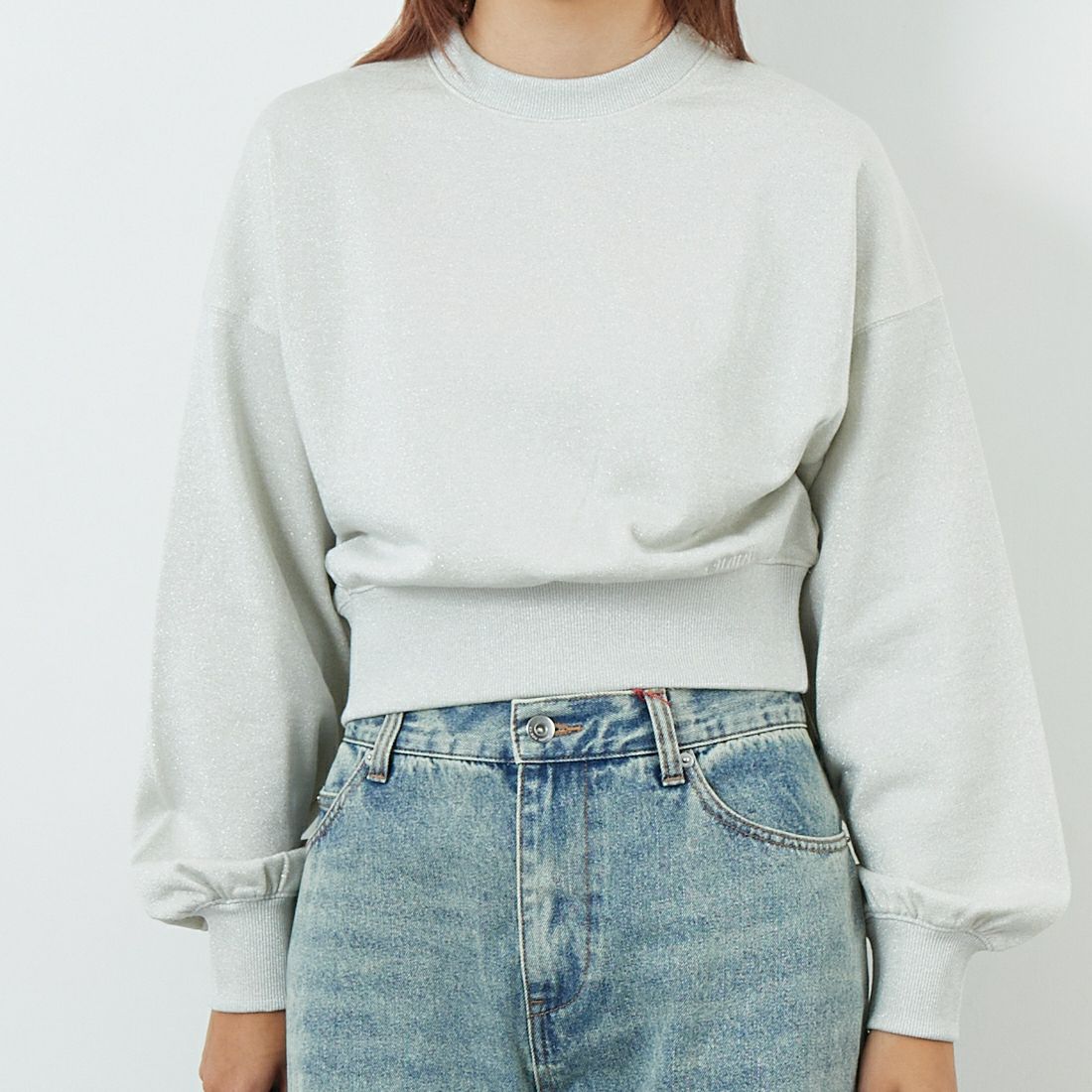 emmi [エミ] ラメ裏毛ショートスウェットトップス [13WCT254065] LGRY &&モデル身長：167cm 着用サイズ：F&&