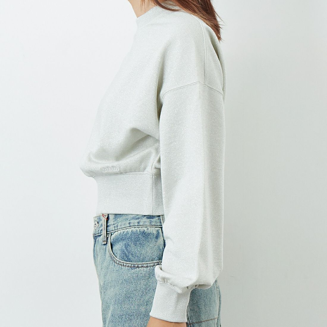 emmi [エミ] ラメ裏毛ショートスウェットトップス [13WCT254065] LGRY &&モデル身長：167cm 着用サイズ：F&&