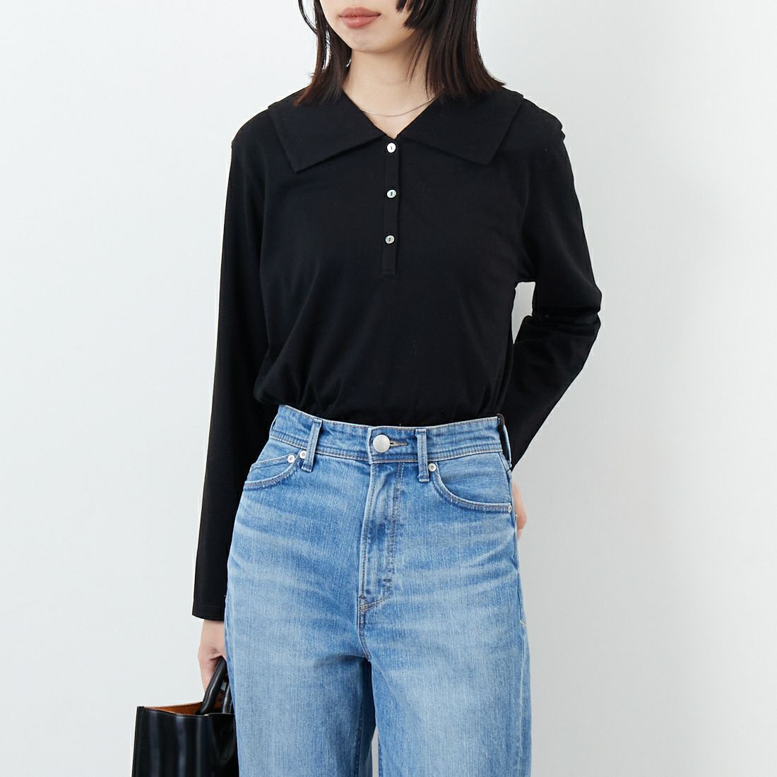 mizuiro ind [ミズイロインド] ワイドカラーポロシャツ [3-210053] 99 BLACK &&モデル身長：162cm 着用サイズ：F&&