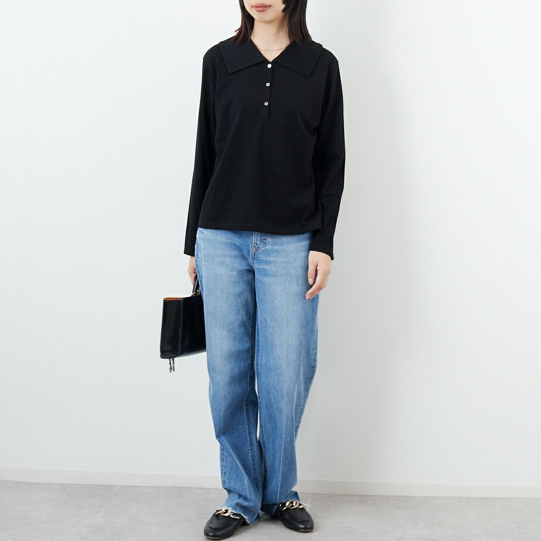 mizuiro ind [ミズイロインド] ワイドカラーポロシャツ [3-210053] 99 BLACK &&モデル身長：162cm 着用サイズ：F&&