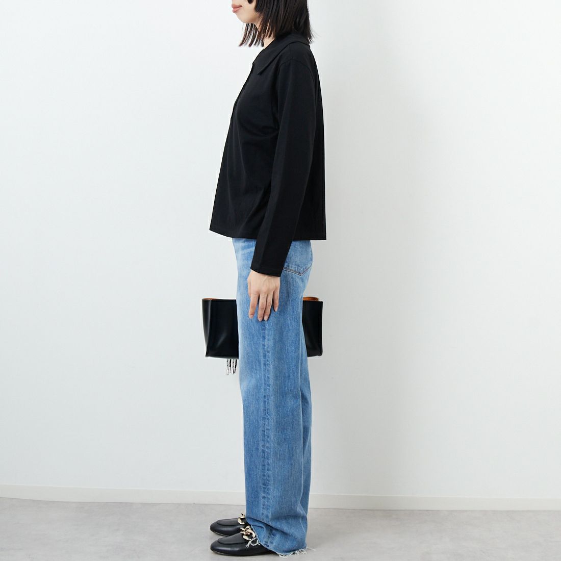 mizuiro ind [ミズイロインド] ワイドカラーポロシャツ [3-210053] 99 BLACK &&モデル身長：162cm 着用サイズ：F&&