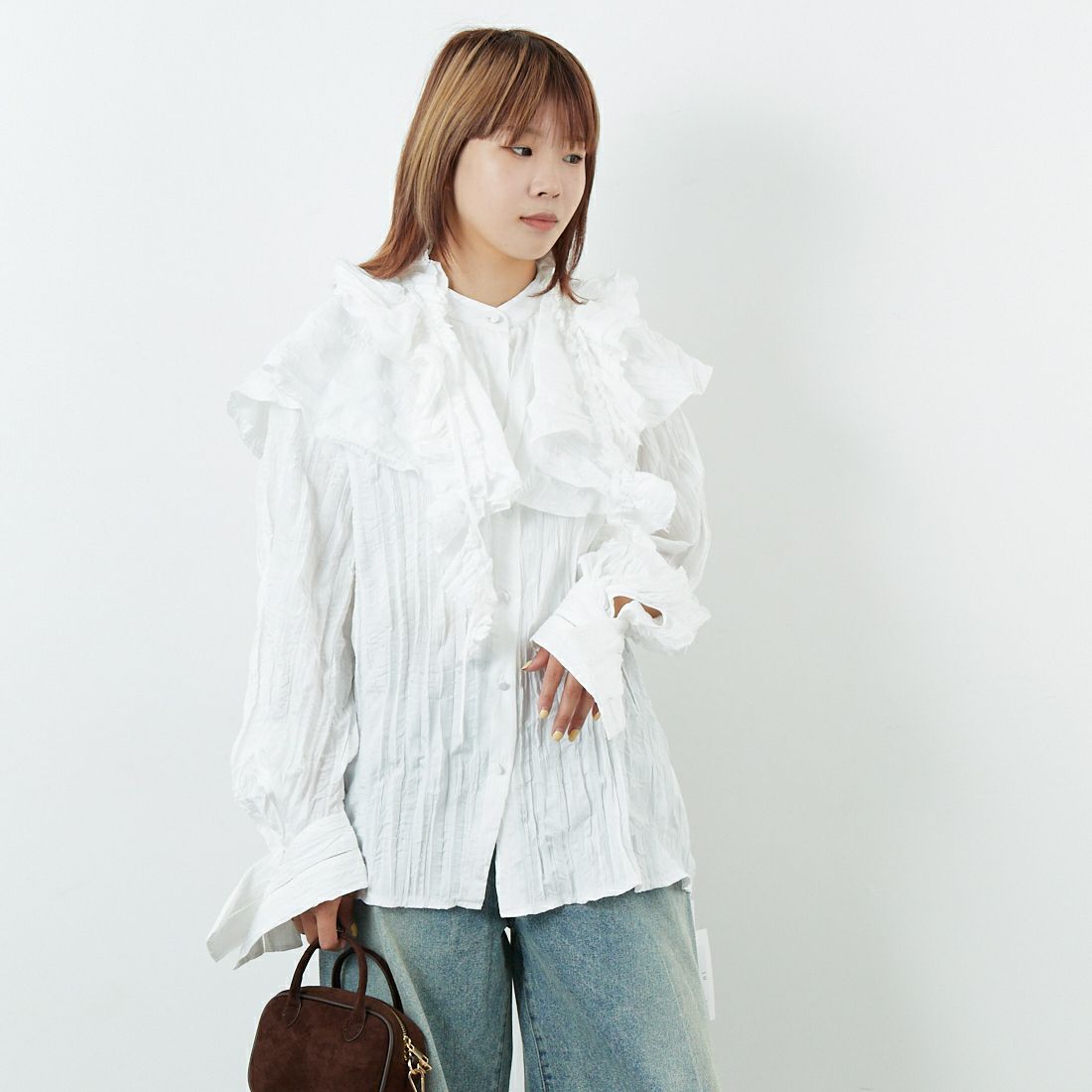 MAISON SPECIAL [メゾンスペシャル] 2WAYラッフルフリルブラウス [21252315205] WHT &&モデル身長：167cm 着用サイズ：F&&