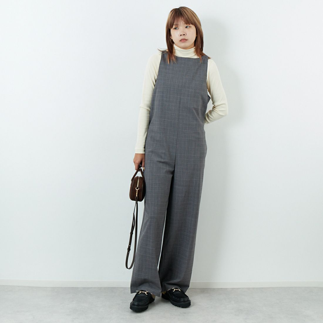null. [ヌル] チェックパターンオールインワン [153WFO0254001] 006 GRY CH &&モデル身長：167cm 着用サイズ：F&&