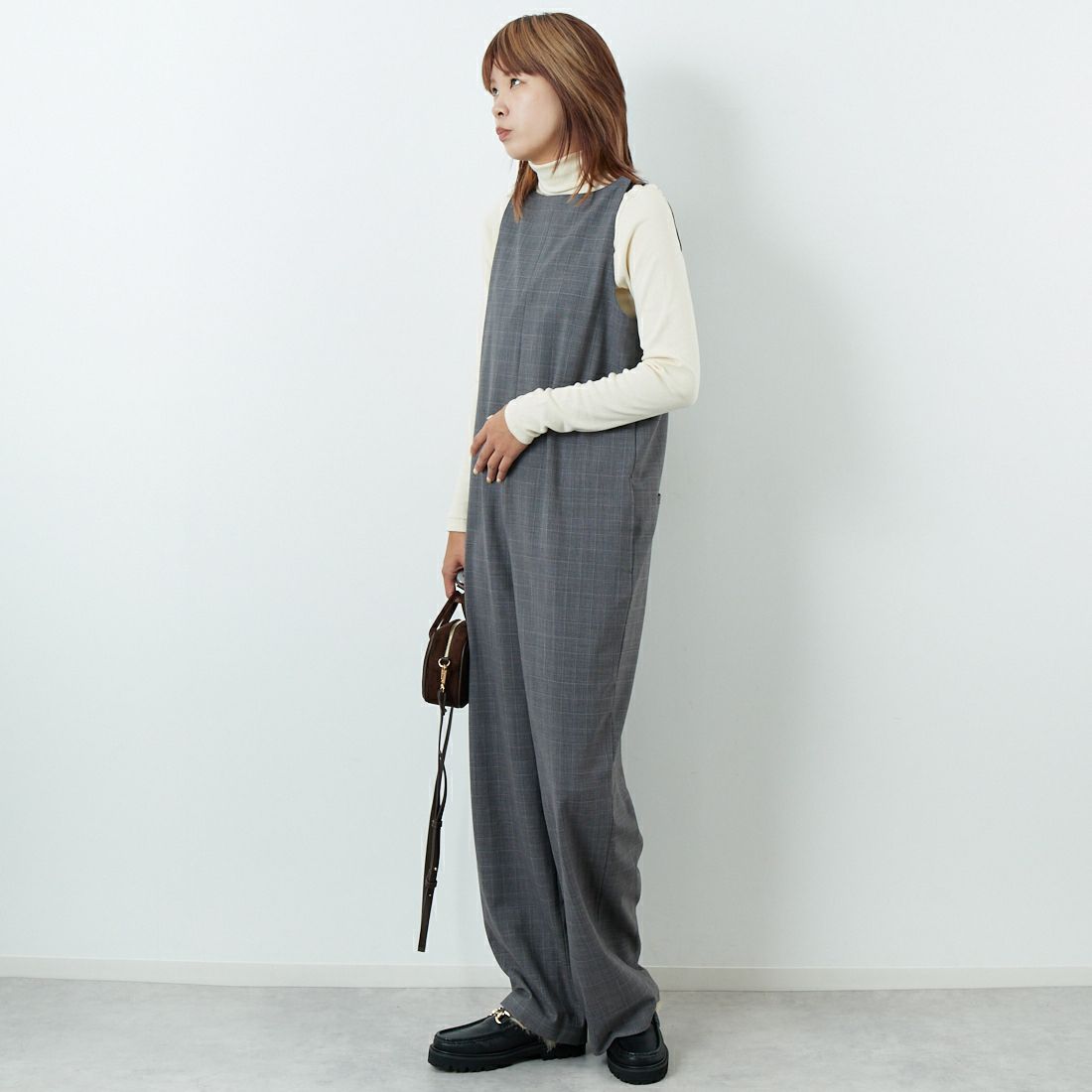 null. [ヌル] チェックパターンオールインワン [153WFO0254001] 006 GRY CH &&モデル身長：167cm 着用サイズ：F&&