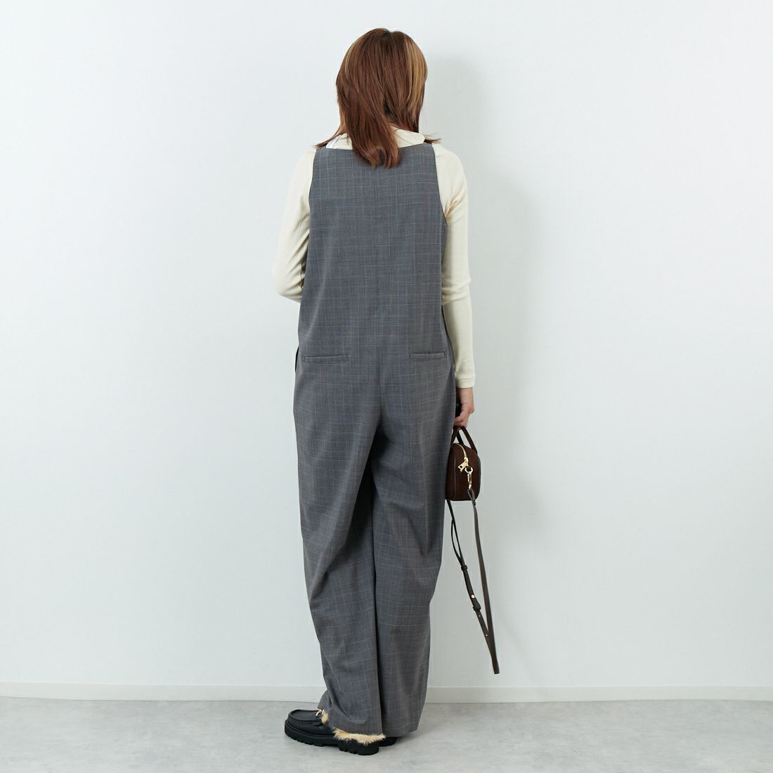 null. [ヌル] チェックパターンオールインワン [153WFO0254001] 006 GRY CH &&モデル身長：167cm 着用サイズ：F&&