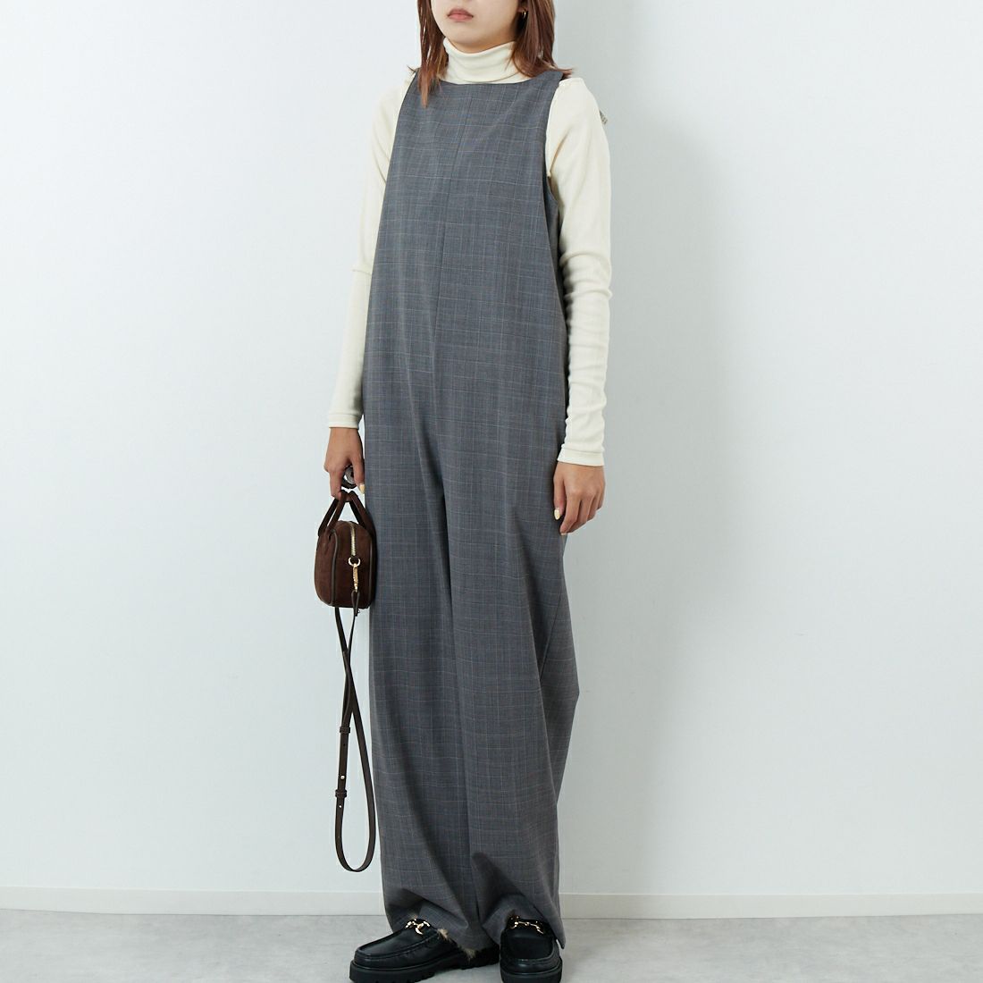 null. [ヌル] チェックパターンオールインワン [153WFO0254001] 006 GRY CH &&モデル身長：167cm 着用サイズ：F&&