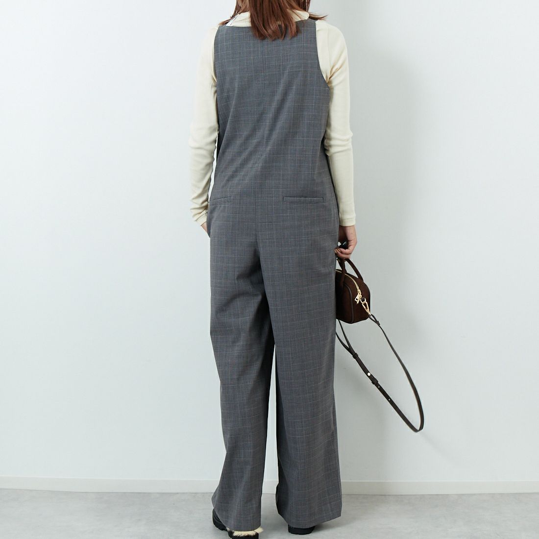 null. [ヌル] チェックパターンオールインワン [153WFO0254001] 006 GRY CH &&モデル身長：167cm 着用サイズ：F&&