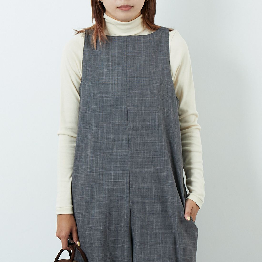 null. [ヌル] チェックパターンオールインワン [153WFO0254001] 006 GRY CH &&モデル身長：167cm 着用サイズ：F&&