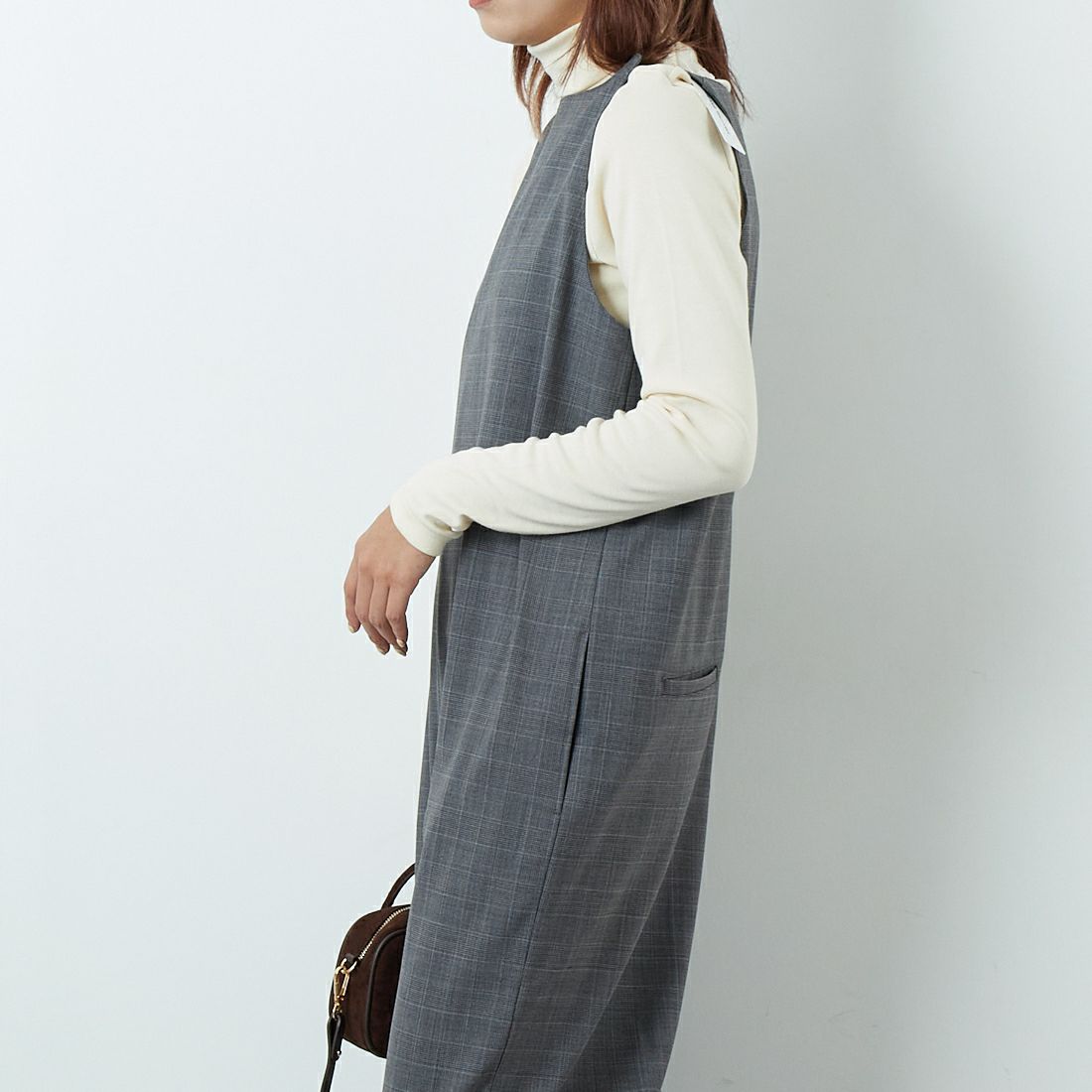 null. [ヌル] チェックパターンオールインワン [153WFO0254001] 006 GRY CH &&モデル身長：167cm 着用サイズ：F&&