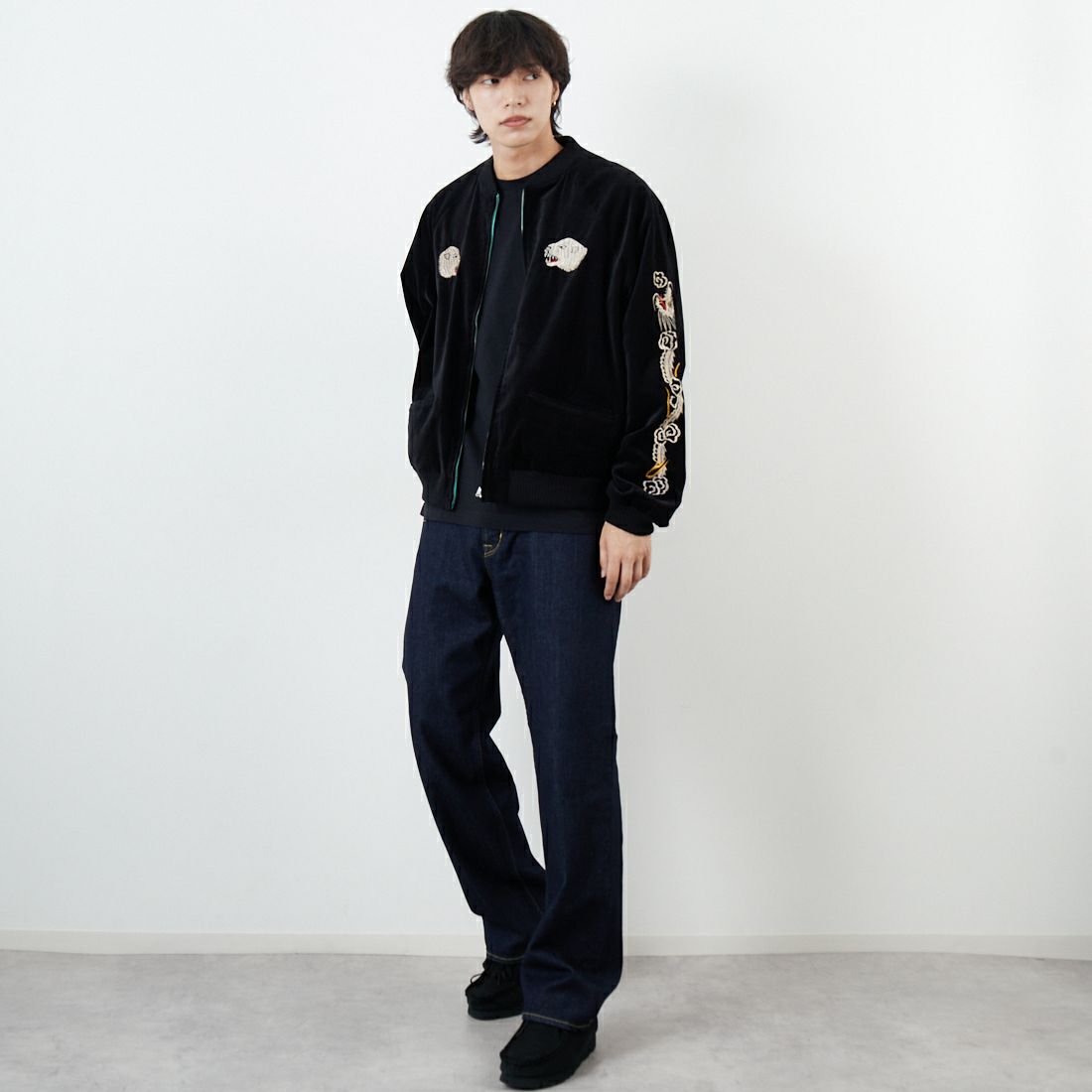 THRIFTY LOOK [スリフティールック] グリーンランド スーベニアブルゾン [TL25F002] BLK VELOUR &&モデル身長：179cm 着用サイズ：L&&