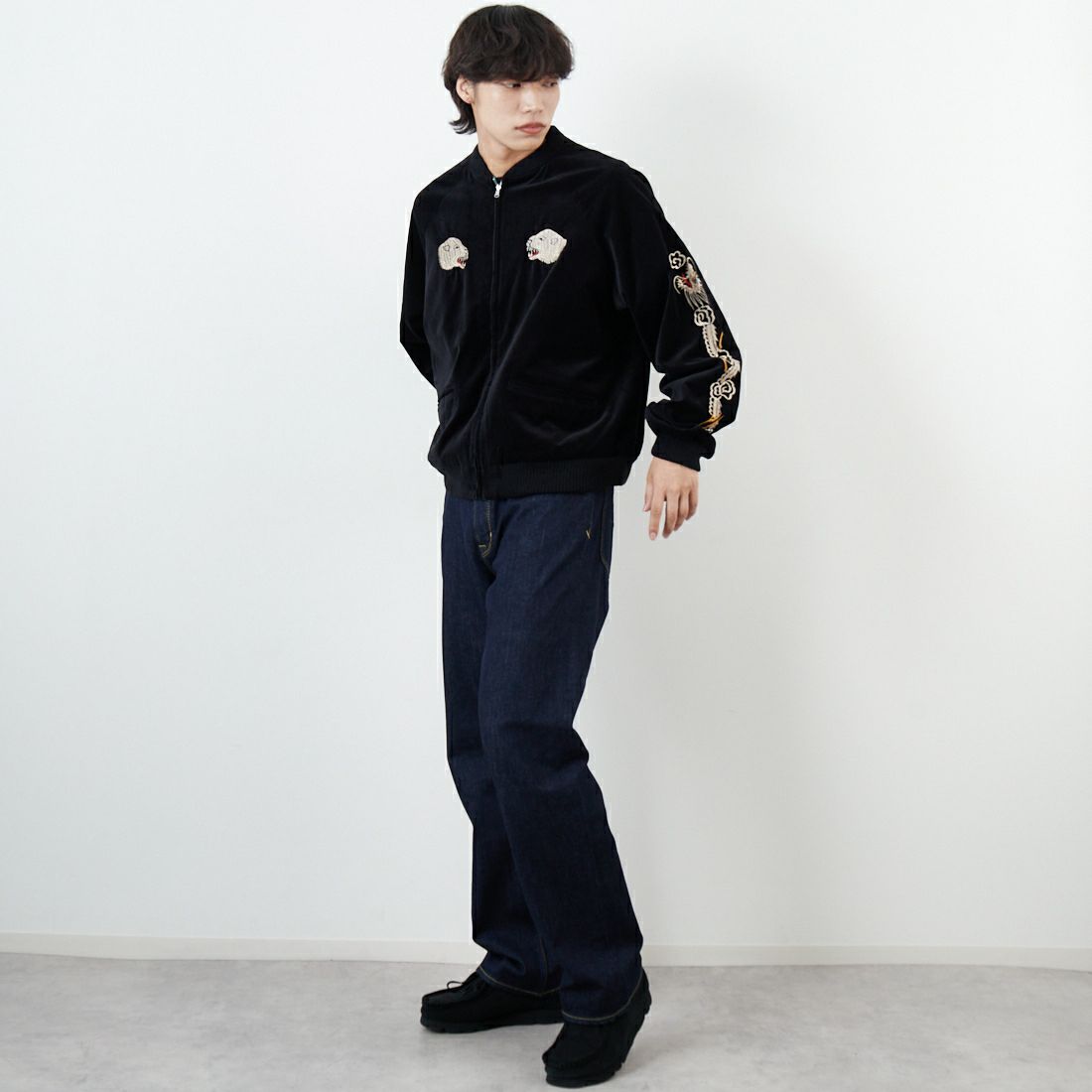 THRIFTY LOOK [スリフティールック] グリーンランド スーベニアブルゾン [TL25F002] BLK VELOUR &&モデル身長：179cm 着用サイズ：L&&