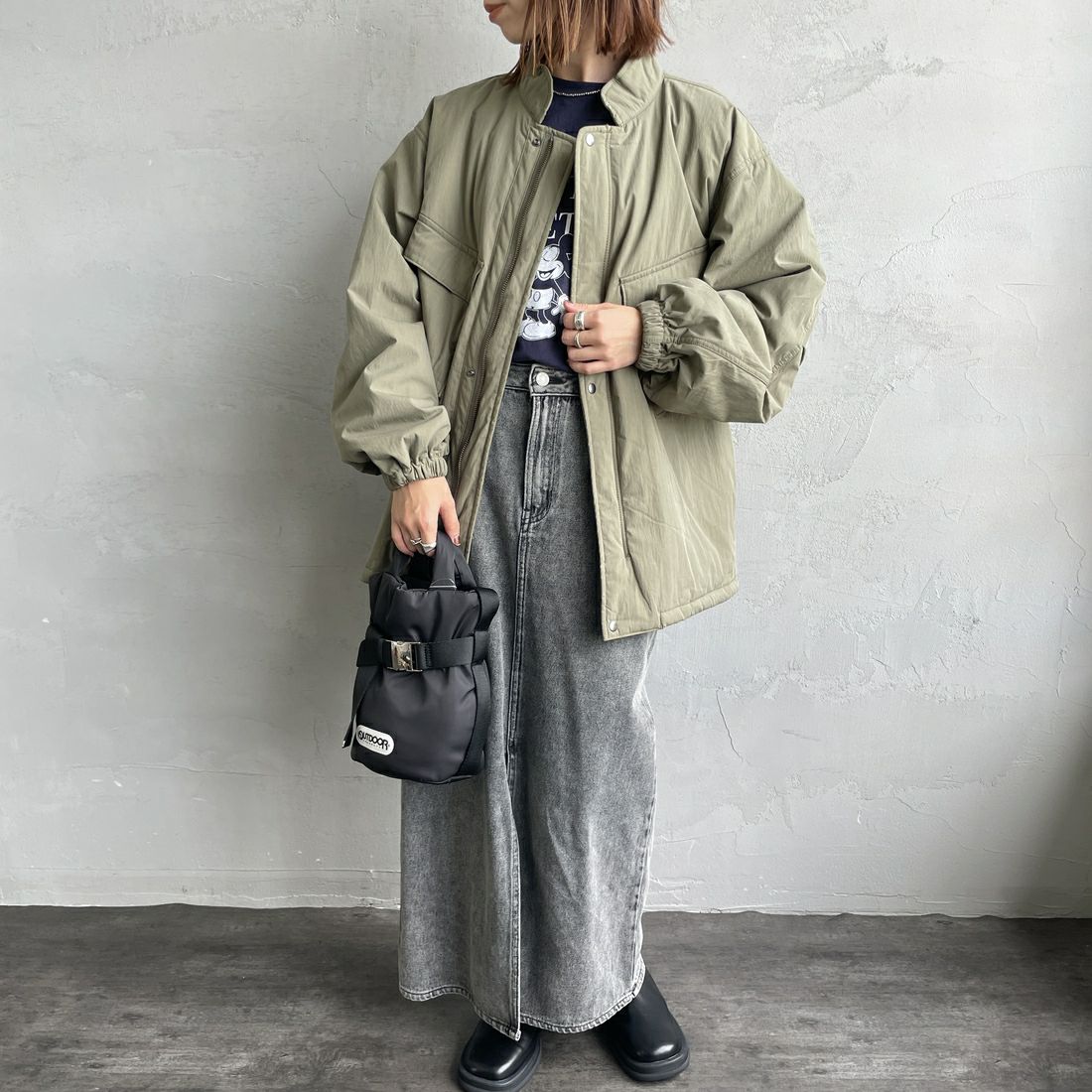 ARMY TWILL SANFORIZED [アーミーツイル サンフォライズド] 別注 中綿入り ケミカルプロテクトジャケット [AM-2554501-INT-JF] KHAKI &&モデル身長：158cm 着用サイズ：S&&