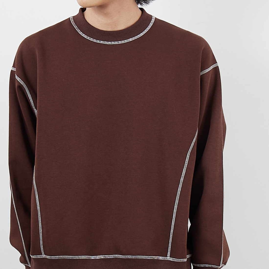 SLICK [スリック] ダブルエアニットステッチワークプルオーバー [5131030] 500 BROWN &&モデル身長：179cm 着用サイズ：1&&