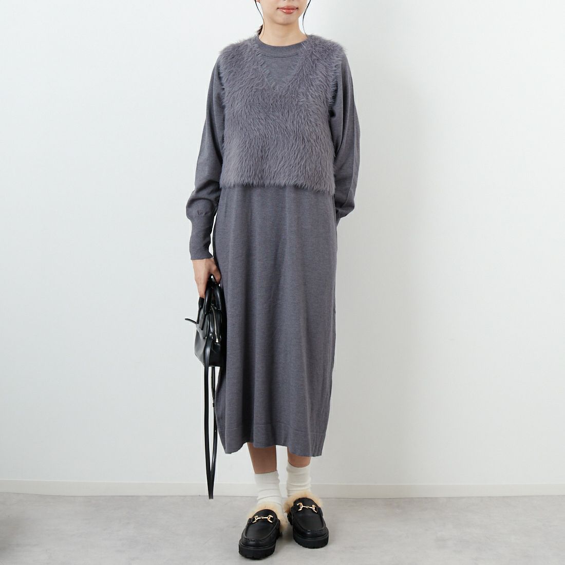 CLOCHE [クロシェ] ファーベスト&ニットワンピースセット [55285528] ﾁｬｺｰﾙ &&モデル身長：162cm 着用サイズ：2&&