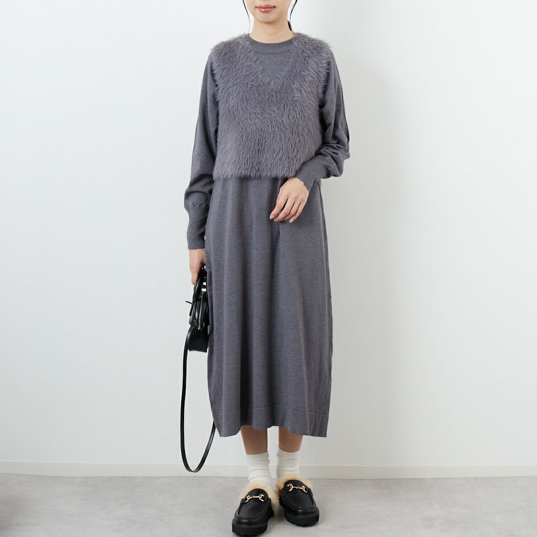 CLOCHE [クロシェ] ファーベスト&ニットワンピースセット [55285528] ﾁｬｺｰﾙ &&モデル身長：162cm 着用サイズ：2&&