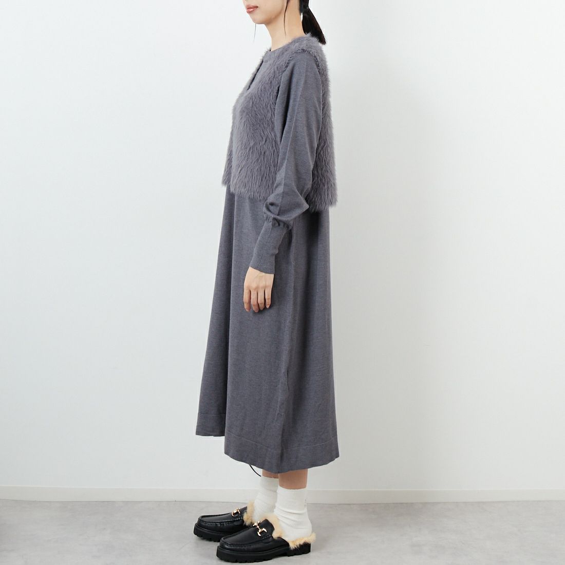 CLOCHE [クロシェ] ファーベスト&ニットワンピースセット [55285528] ﾁｬｺｰﾙ &&モデル身長：162cm 着用サイズ：2&&