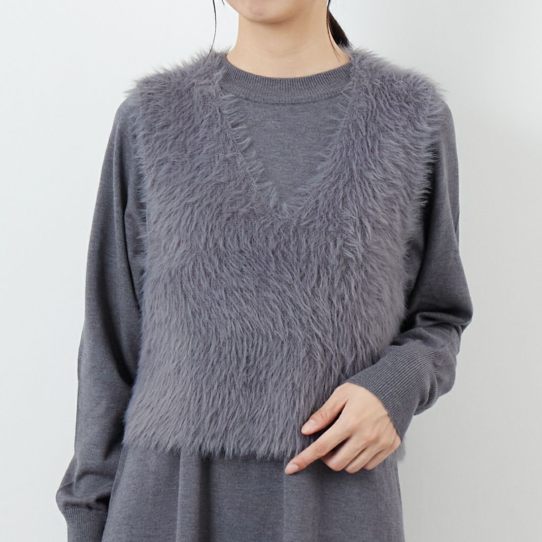 CLOCHE [クロシェ] ファーベスト&ニットワンピースセット [55285528] ﾁｬｺｰﾙ &&モデル身長：162cm 着用サイズ：2&&