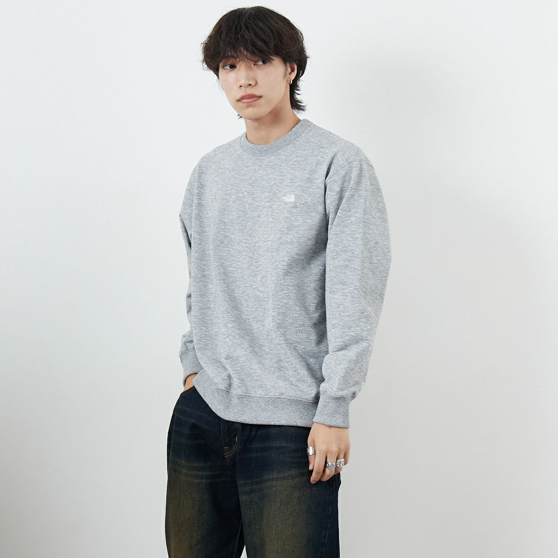 THE NORTH FACE [ザ ノースフェイス] スモールロゴヘザースウェットクルー [NT62532] Z &&モデル身長：179cm 着用サイズ：M&&