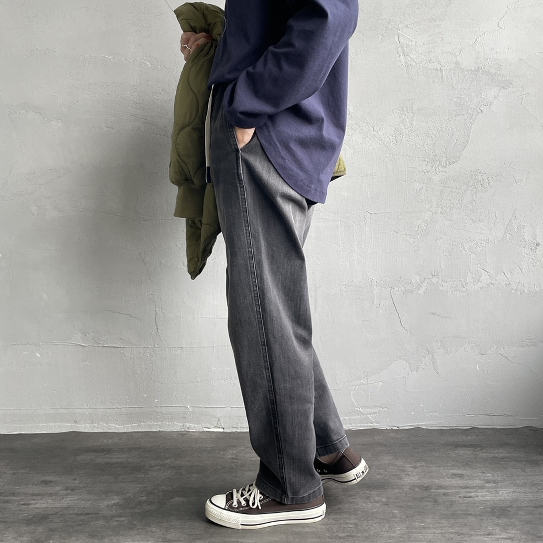 GRAMiCCi [グラミチ] 別注 ストレッチデニム エブリデイパンツ [GUP5-F1023-JF] BLK USED &&モデル身長：160cm 着用サイズ：S&&