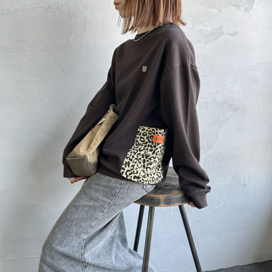 UNIVERSAL OVERALL [ユニバーサルオーバーオール] 別注 レオパードポケット カバーオールスウェット [U2531226IN-JF] BROWN