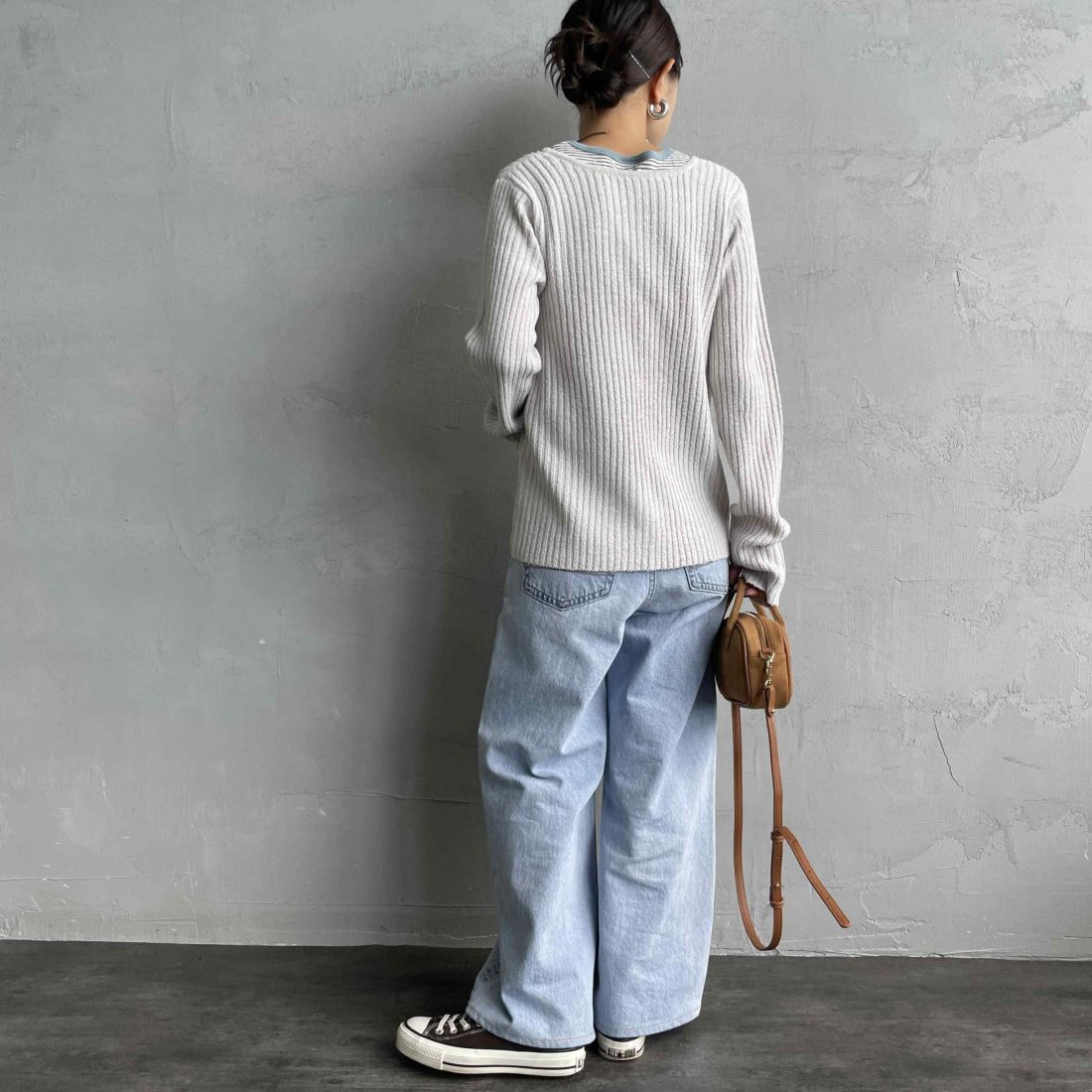 nenom [ネノム] 2WAY メランジリボンニットカーディガン [NE25131026] 23 GREIGE &&モデル身長：150cm 着用サイズ：F&&