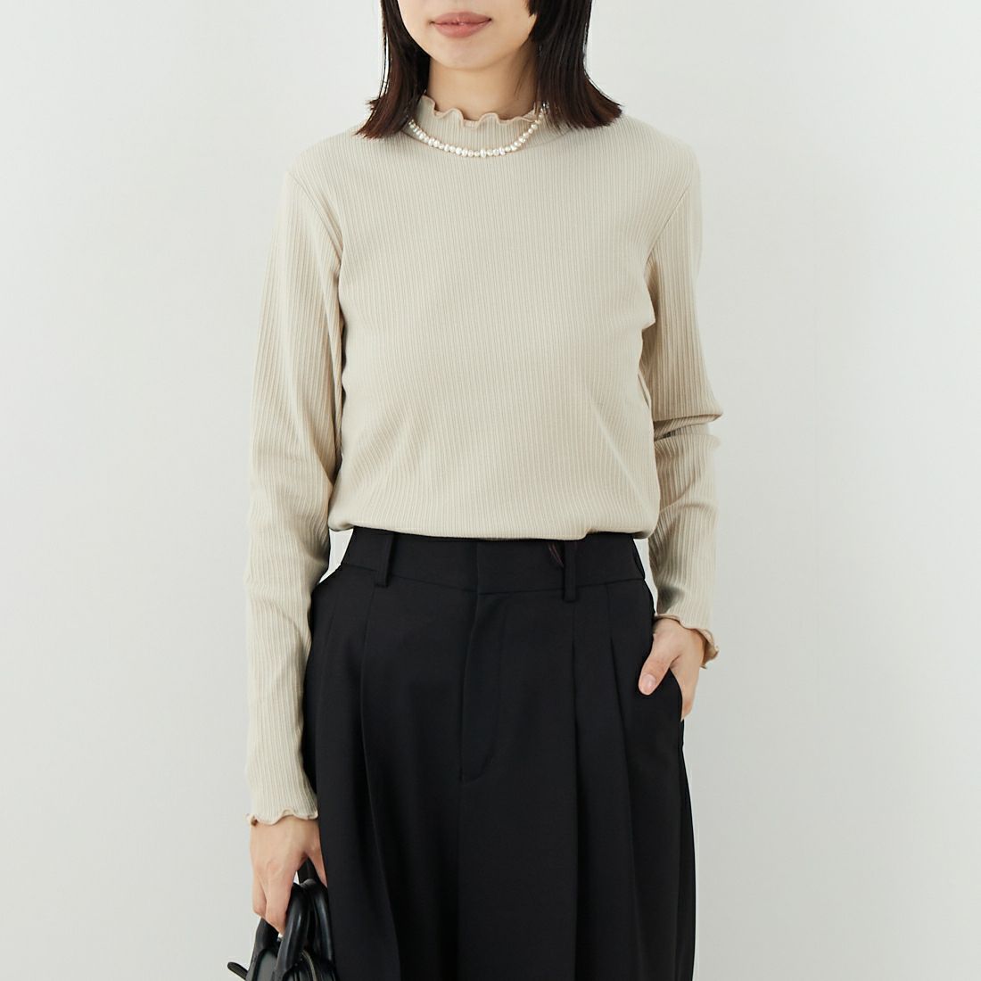 Jf Ready Made [ジェイエフレディメイド] ランダムテレコメローハイネックTシャツ [3104107] 714 ｸﾞﾚｰﾍﾞ &&モデル身長：162cm 着用サイズ：F&&