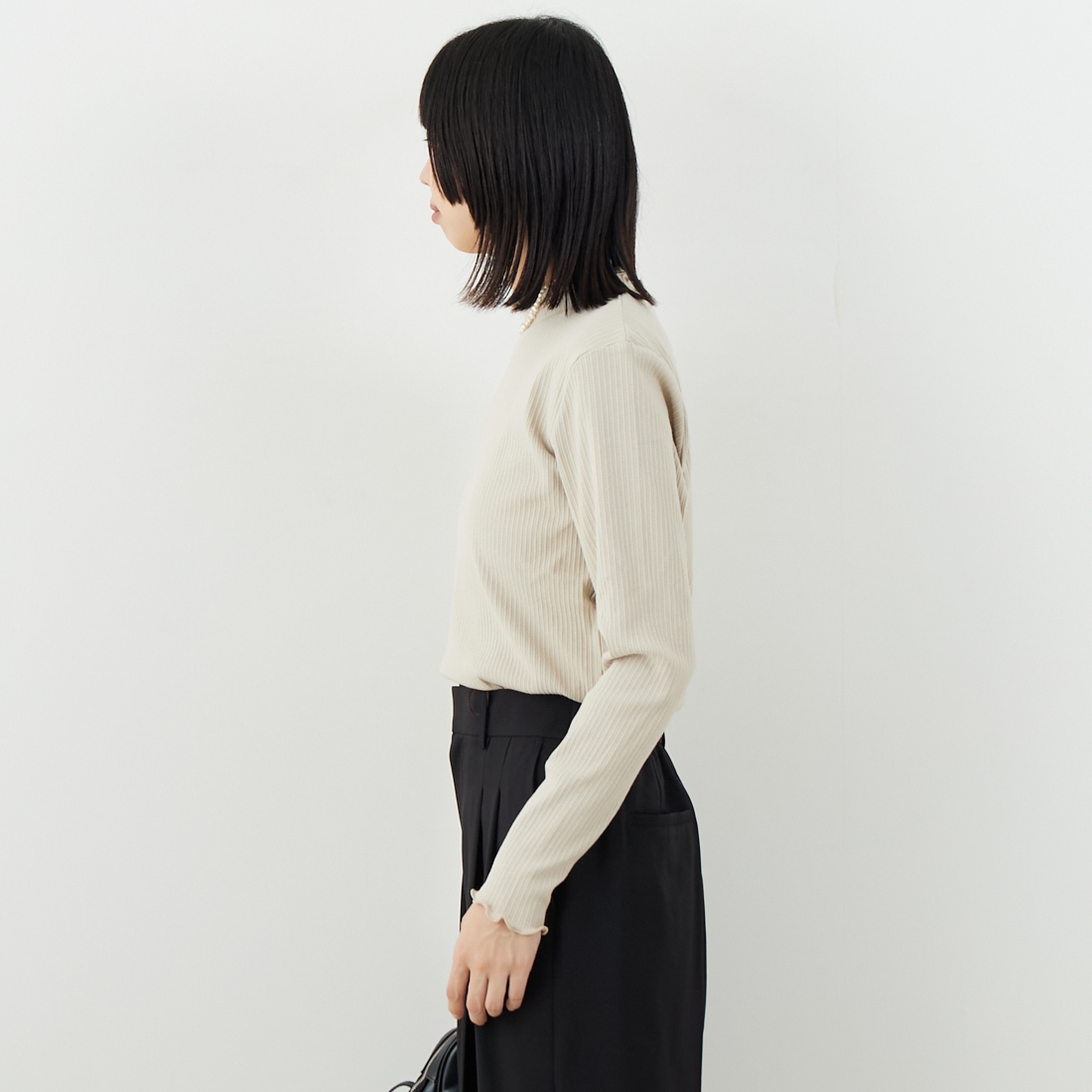 Jf Ready Made [ジェイエフレディメイド] ランダムテレコメローハイネックTシャツ [3104107] 714 ｸﾞﾚｰﾍﾞ &&モデル身長：162cm 着用サイズ：F&&