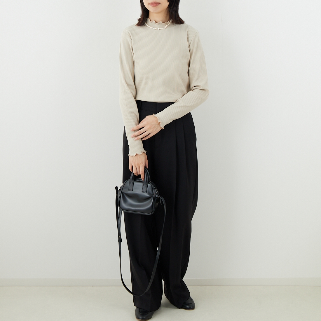 Jf Ready Made [ジェイエフレディメイド] ランダムテレコメローハイネックTシャツ [3104107] 714 ｸﾞﾚｰﾍﾞ &&モデル身長：162cm 着用サイズ：F&&
